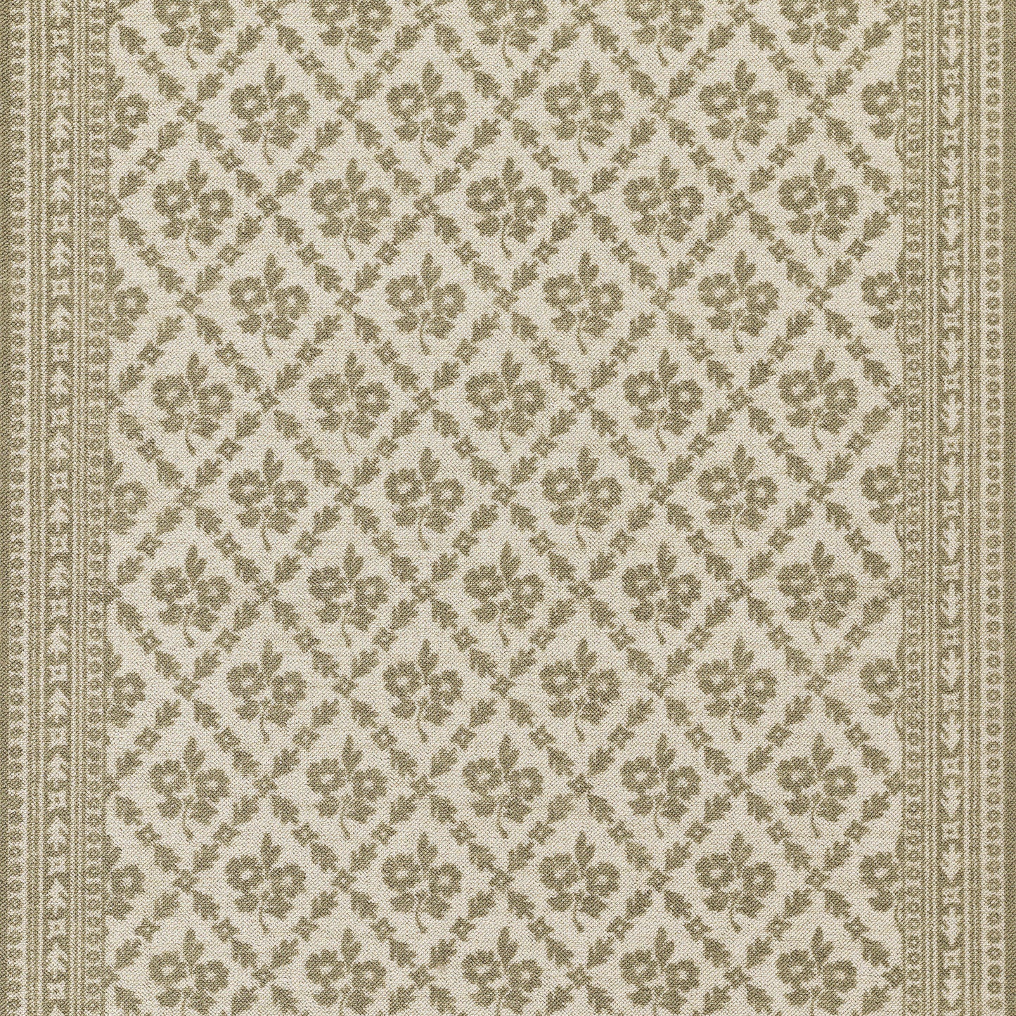 Rectangular beige woven rug with olive-green floral trellis pattern and narrow ornamental borders.