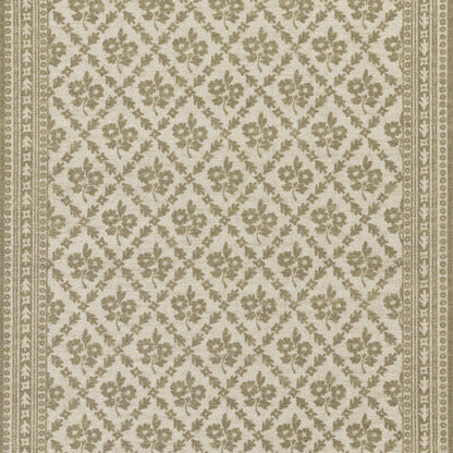 Rectangular beige woven rug with olive-green floral trellis pattern and narrow ornamental borders.