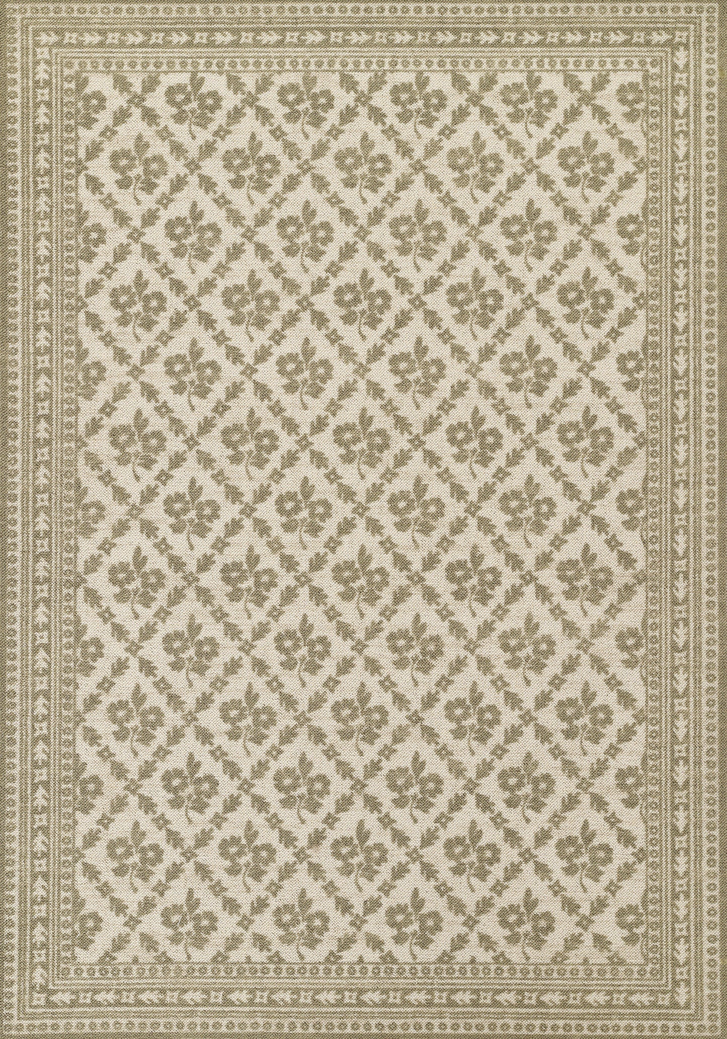 Beige oriental-style runner with olive-green floral lattice pattern and layered geometric borders, 2' x 8'.
