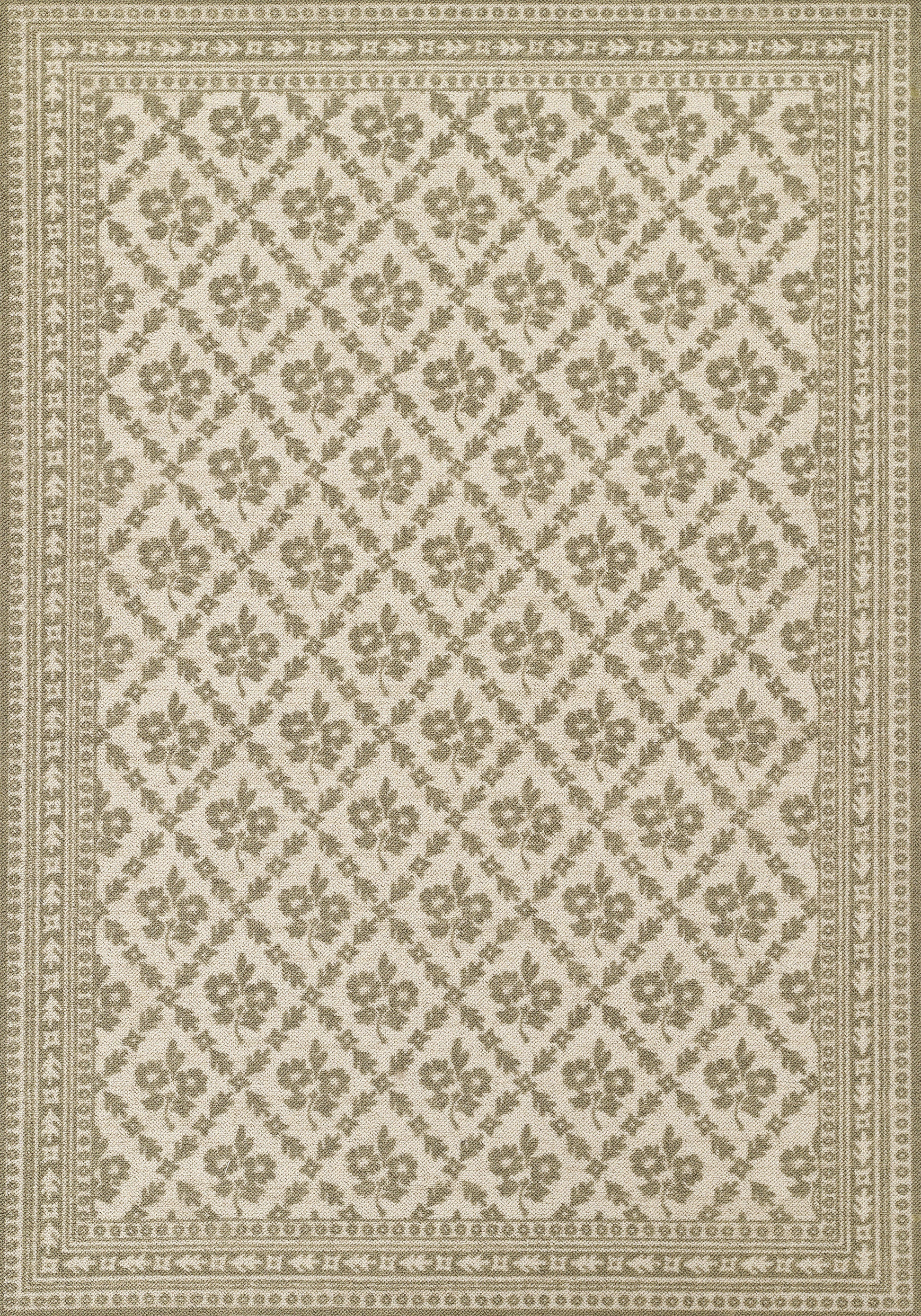 Beige oriental-style runner with olive-green floral lattice pattern and layered geometric borders, 2' x 8'.