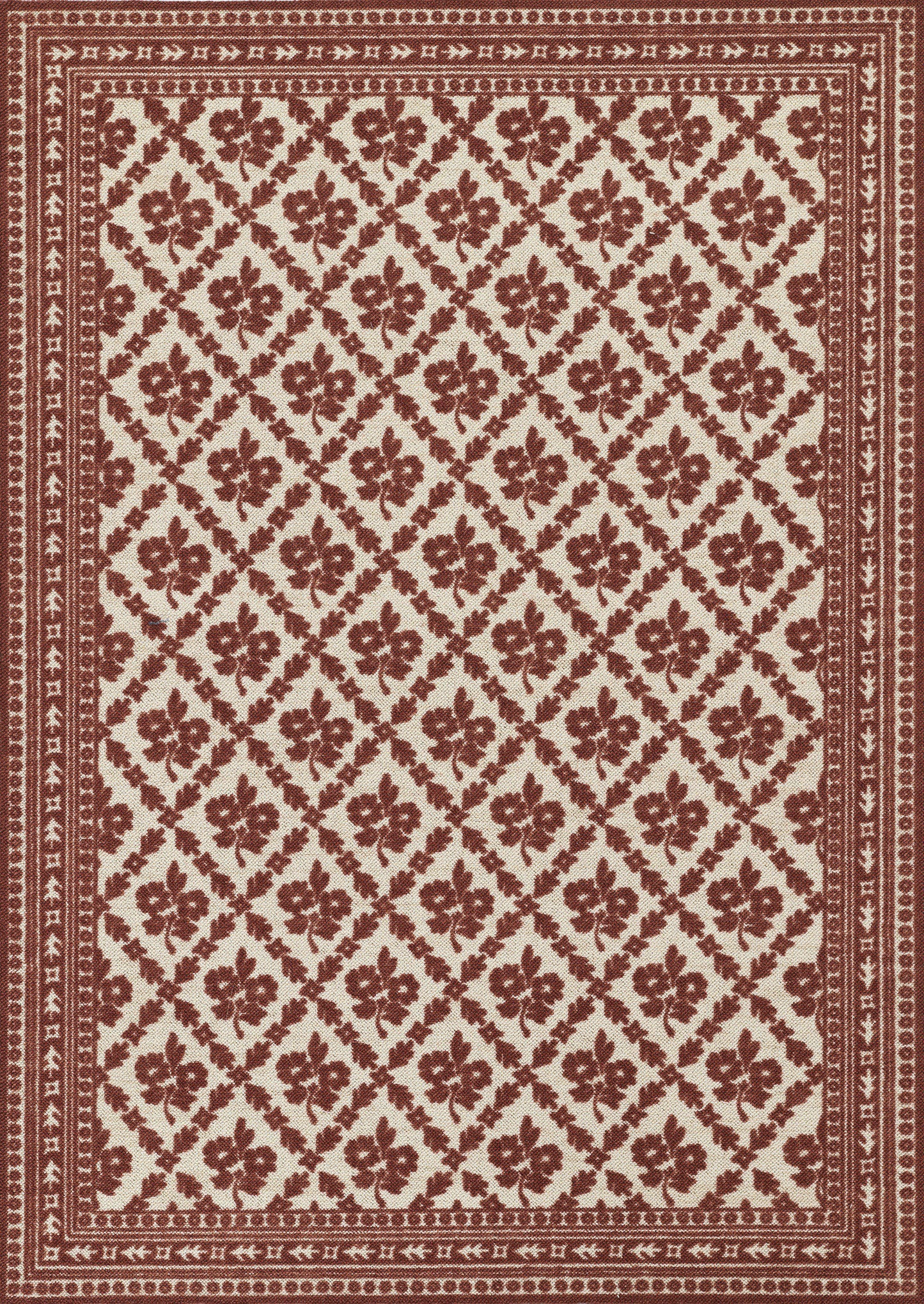 Red-burgundy floral diamond lattice rug on ivory field with decorative borders; traditional Persian-style area rug.