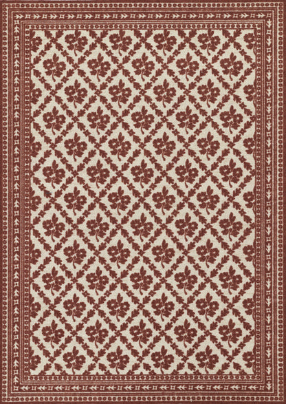 Red-burgundy floral diamond lattice rug on ivory field with decorative borders; traditional Persian-style area rug.