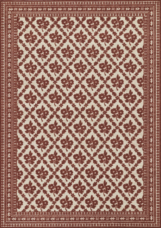 Rectangular red and ivory decorative runner rug with a repeating floral lattice and bordered edges.