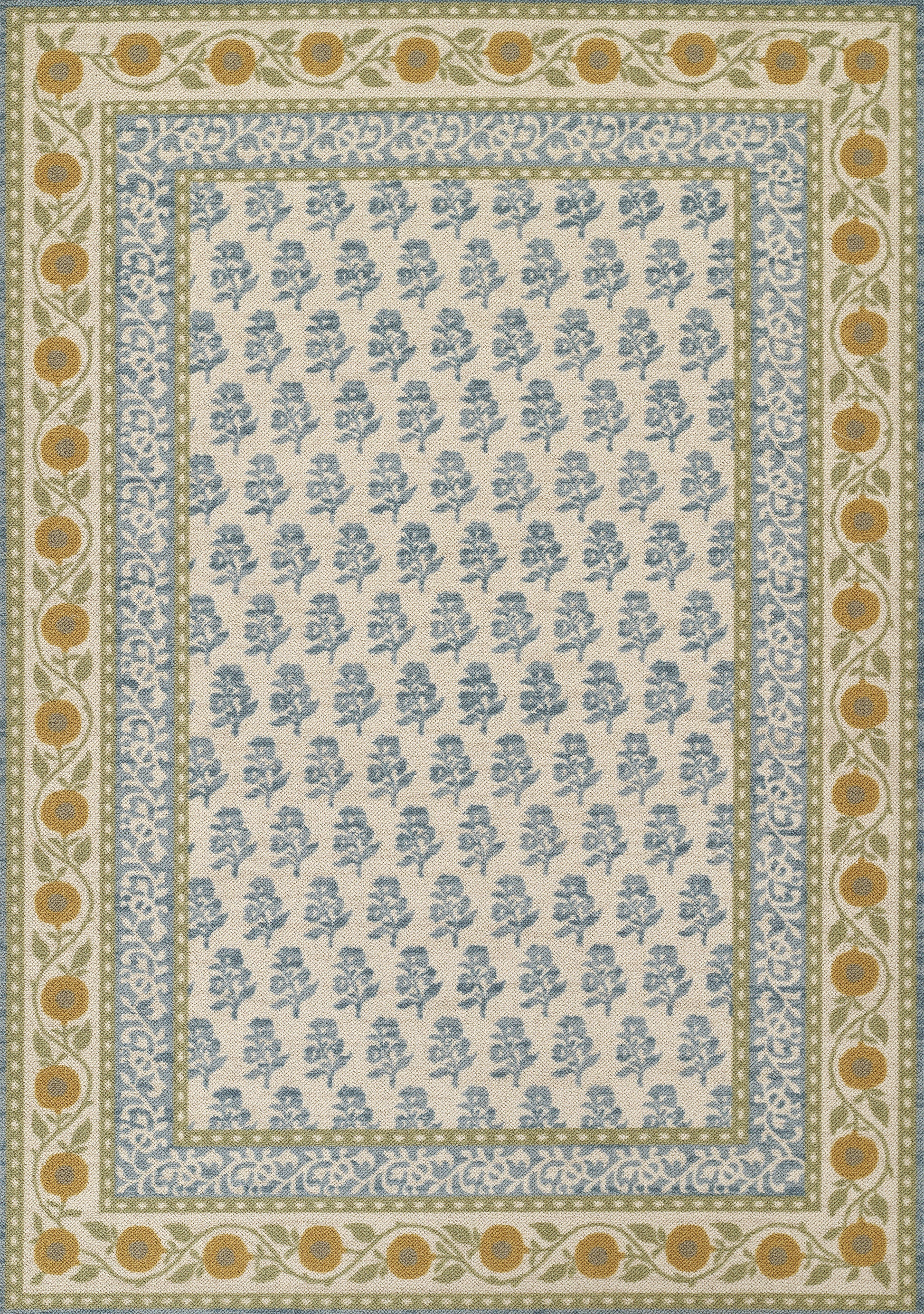 Rectangular cream field rug with blue floral pattern, blue inner border, beige/olive outer borders and gold circle motifs.