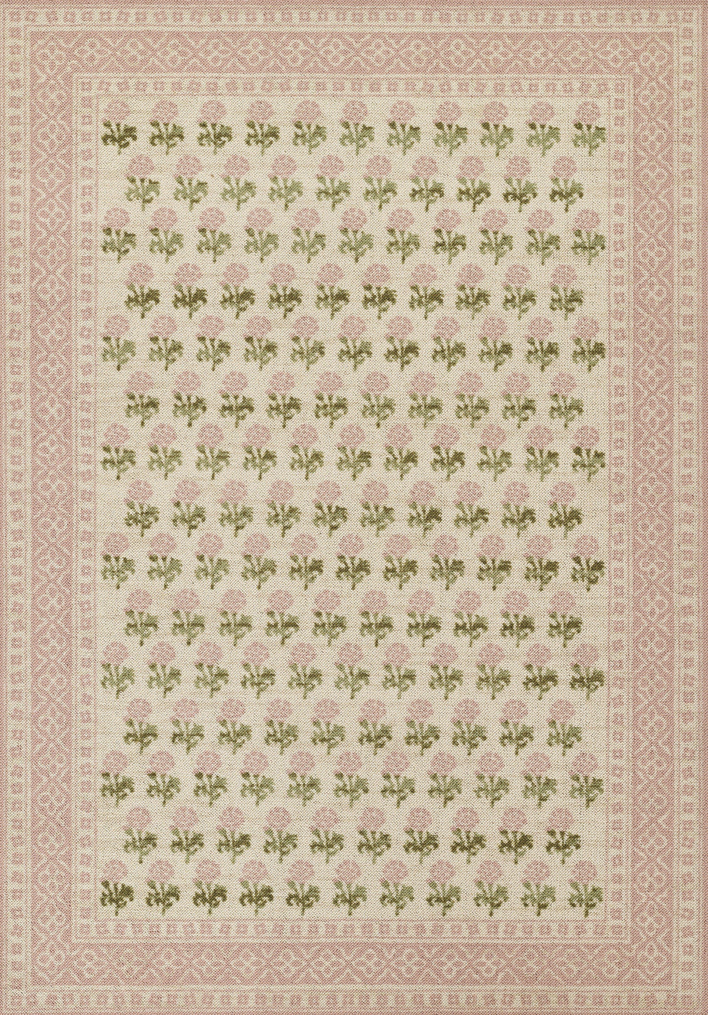 Beige oriental-style rug with pink border and repeating pink flowers and green leaves.