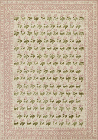 Beige oriental-style rug with pink border and repeating pink flowers and green leaves.