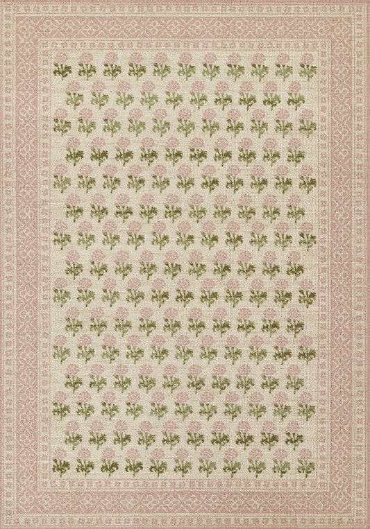 Cream rug with pink border and dense, repeating pink flowers and green leaves in a grid pattern.