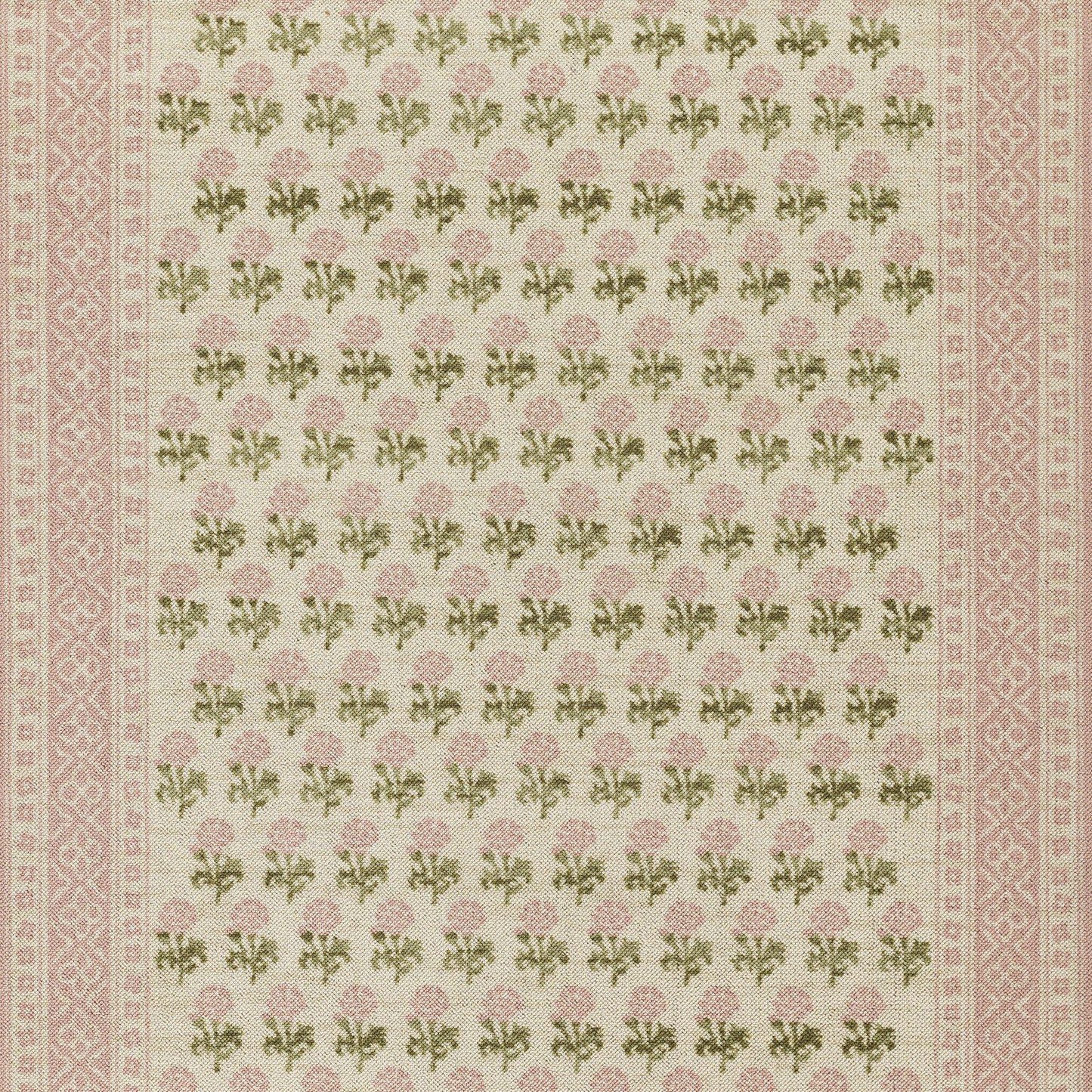 Cream rug with pink patterned borders and a dense repeating floral design of pink roses and green leaves.