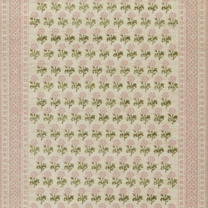 Cream rug with pink patterned borders and a dense repeating floral design of pink roses and green leaves.