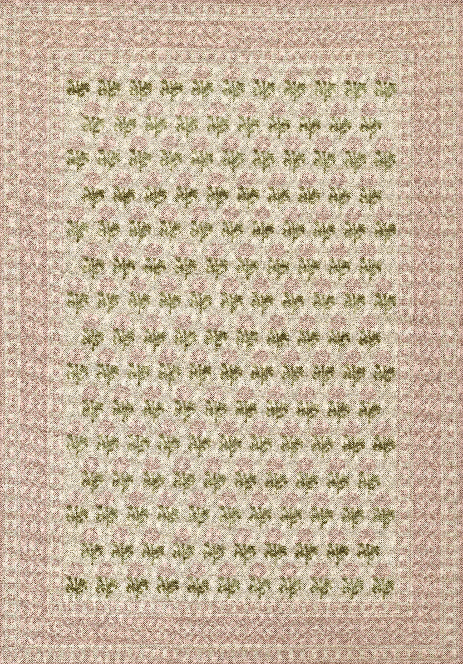 Beige area rug with pink lattice border; small pink flowers on green stems in a grid pattern; traditional Persian-style.