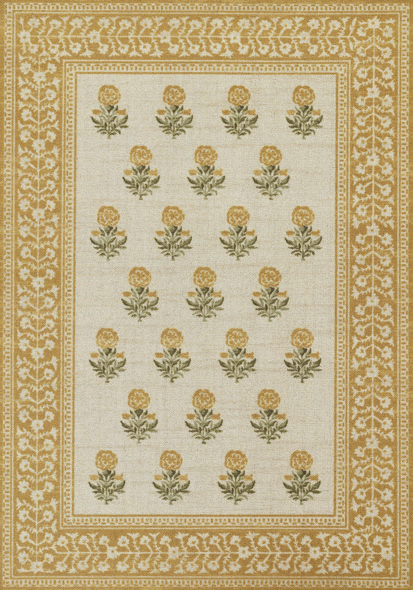 Rectangular area rug with cream field, repeating gold rose motifs and ornate gold borders.