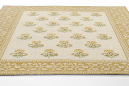 Rectangular ivory runner rug with repeating yellow rose bouquets, green leaves, and a gold ornamental border.