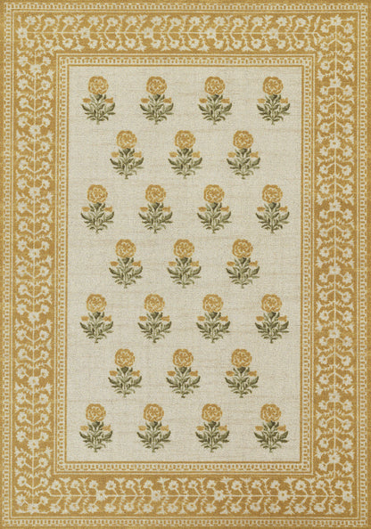 Beige rug with ornate gold border and repeating yellow rose motifs with green leaves on a light field.