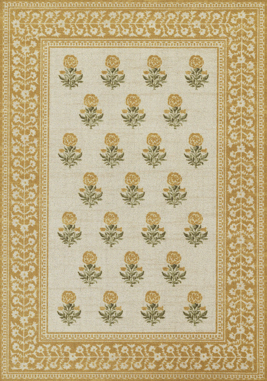 Beige rug with ornate gold border and repeating yellow rose motifs with green leaves on a light field.