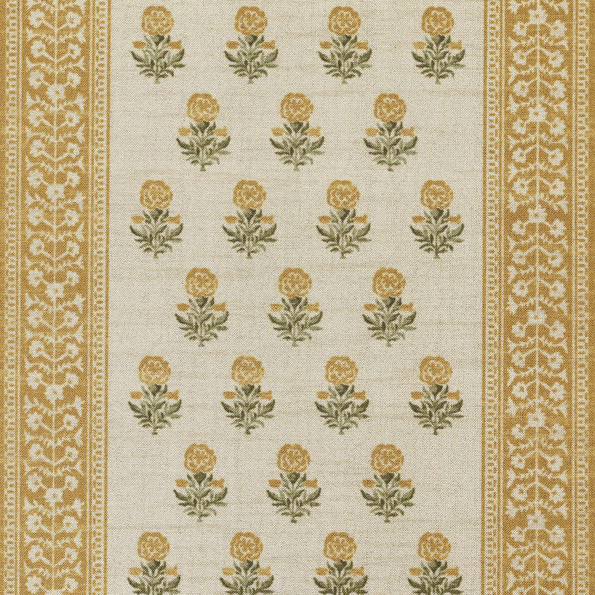 Beige woven rug with gold rose motifs in rows and green leaves, bordered by ornate yellow patterns.