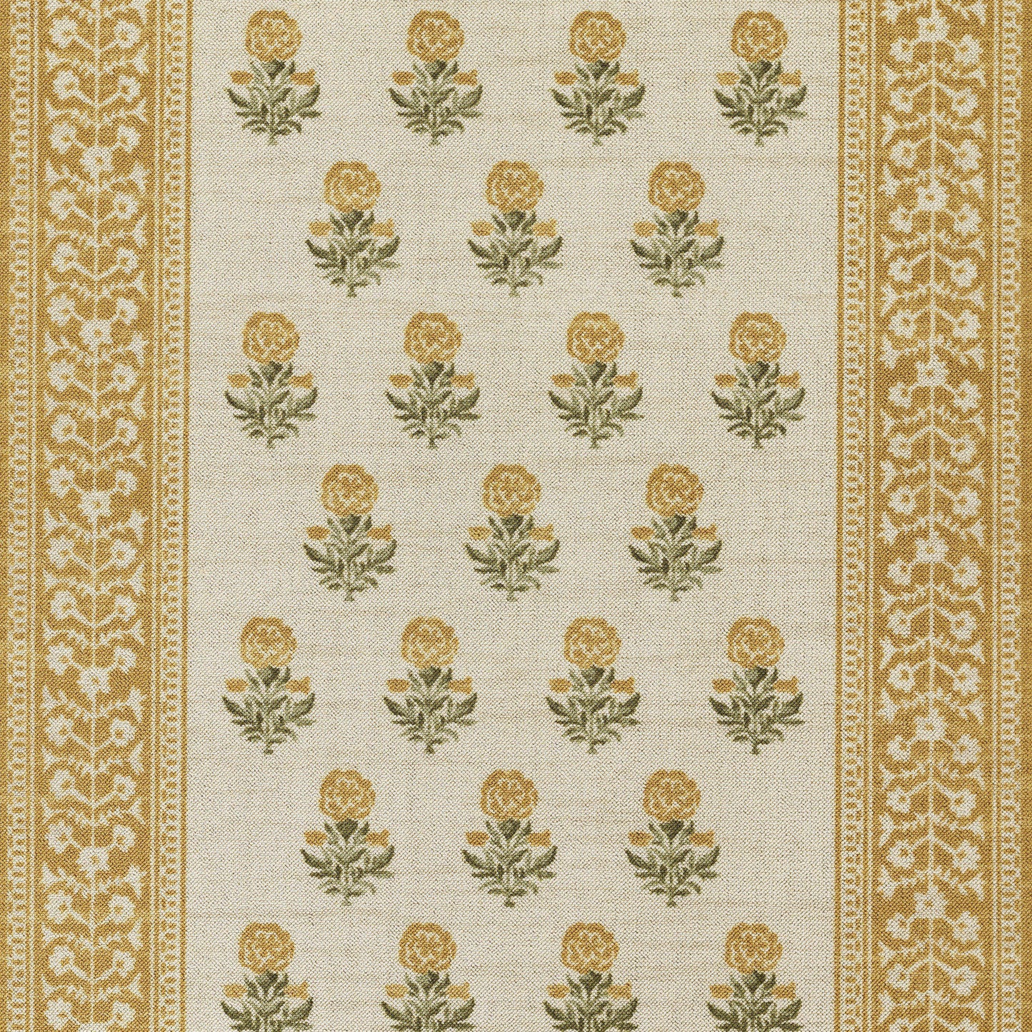 Beige woven rug with gold-yellow rose motifs, green leaves, and decorative border stripes.