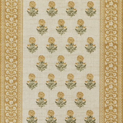 Beige woven rug with gold-yellow rose motifs, green leaves, and decorative border stripes.