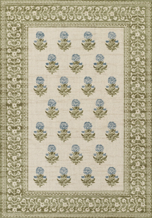Cream area rug with blue hydrangea-like blooms in a grid, olive-green scrolling border, traditional style.