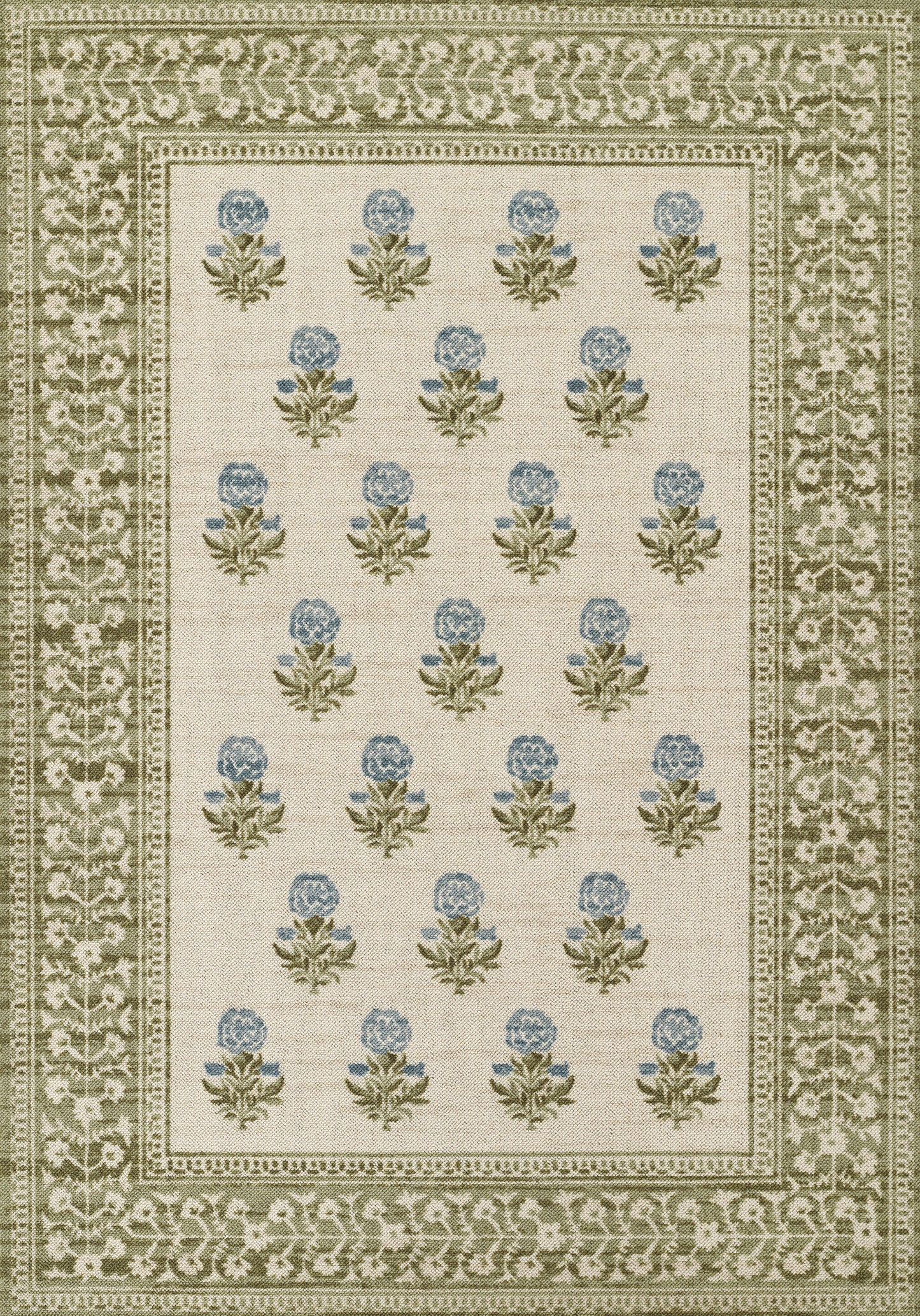 Cream field rug with blue floral motifs in rows, olive-green stems; ornate green border with framed inner bands.