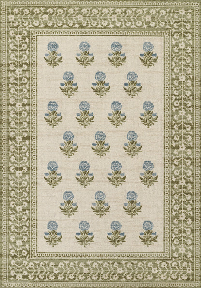 Cream rug with blue flower bouquets in neat rows, framed by olive-green ornate borders.