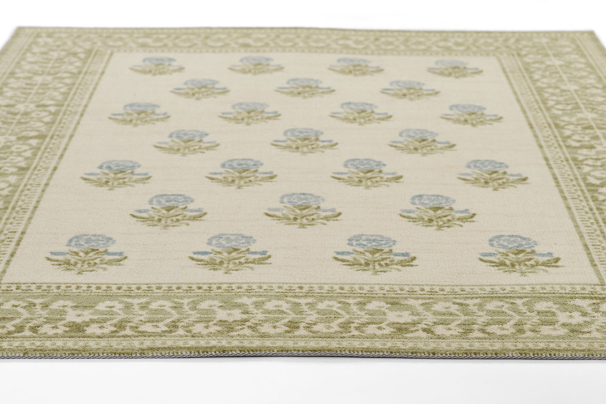 Cream rectangular area rug with blue floral motifs and olive-green border in a traditional Persian-style pattern.