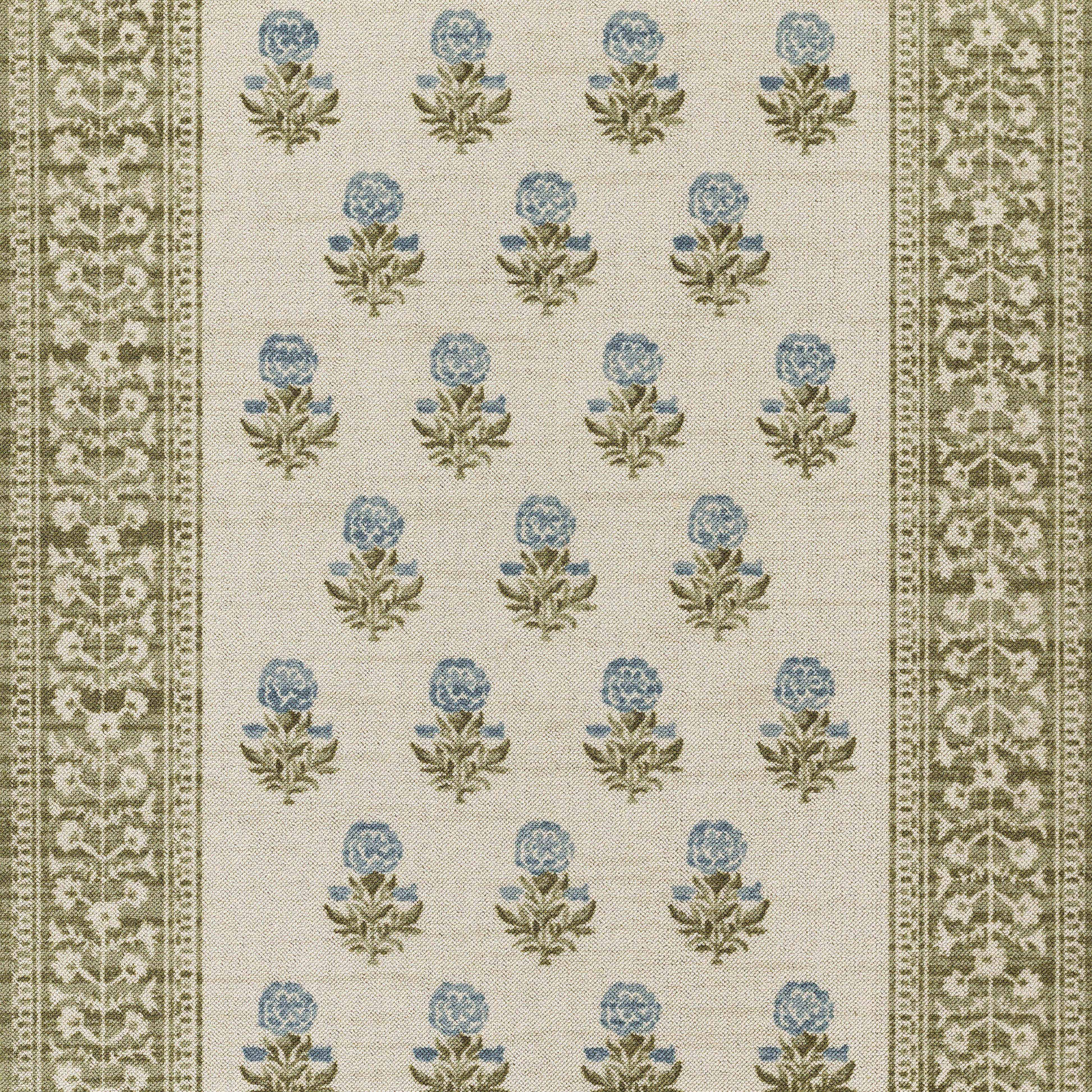 Beige area rug with blue hydrangea motifs in rows, framed by olive-green ornamental borders.