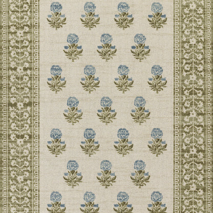 Cream rug runner featuring blue floral clusters and olive patterned borders