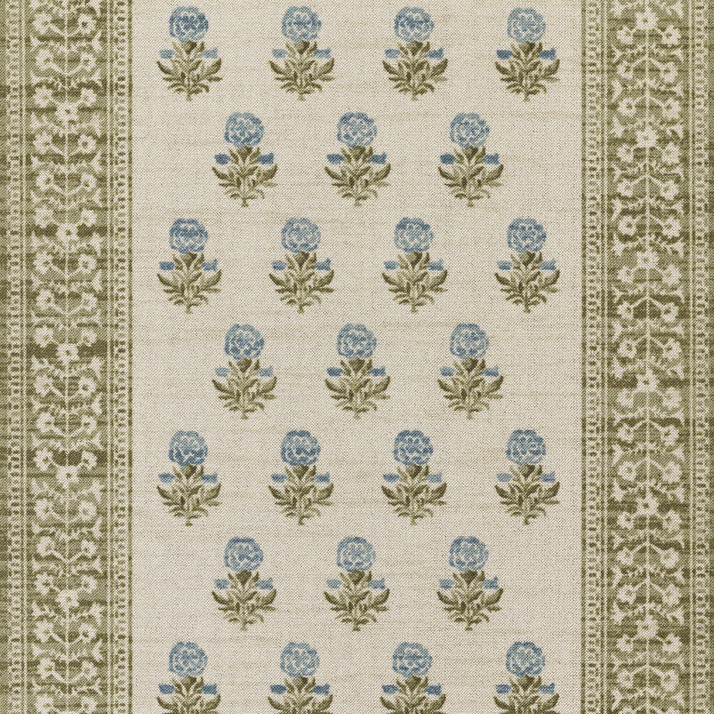 Beige woven rug featuring blue floral clusters in rows and olive patterned borders.
