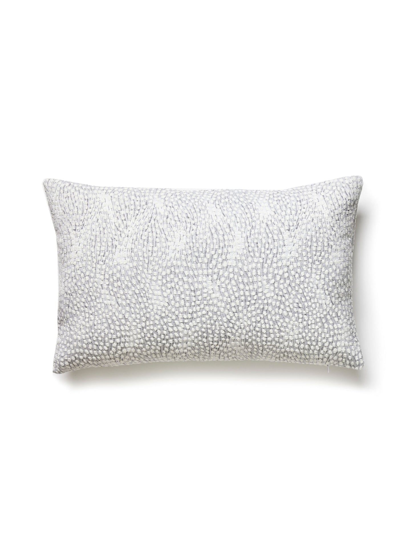 Rectangular lumbar pillow with white-gray pebble-textured fabric; modern decorative throw pillow for sofa.