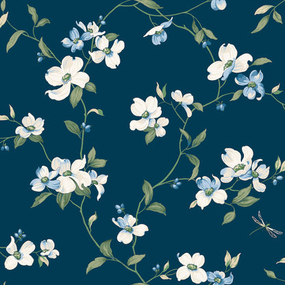 York Wallcoverings Blooms Dogwood Navy Wallpaper  Florals and Flowers Blues  Wallpaper - BL1761