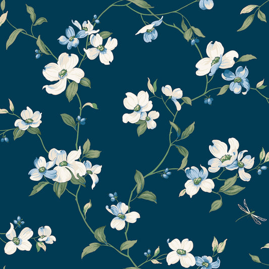 York Wallcoverings Blooms Dogwood Navy Wallpaper  Florals and Flowers Blues  Wallpaper - BL1761