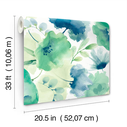 York Wallcoverings Blooms Watercolor Bouquet Blue and Green Wallpaper  Florals and Flowers Greens  Wallpaper - BL1774