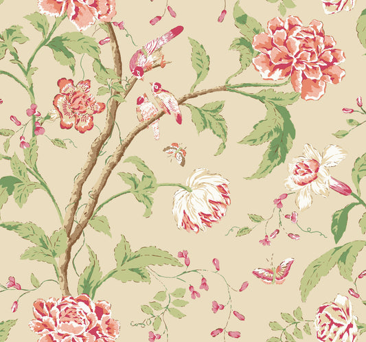 York Wallcoverings Blooms Teahouse Floral Cream and Coral Wallpaper  Animals Beiges  Wallpaper - BL1781