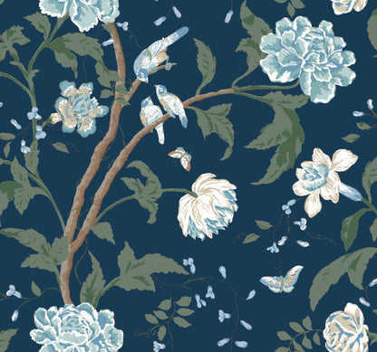 York Wallcoverings Blooms Teahouse Floral Navy Wallpaper  Animals Blues  Wallpaper - BL1782