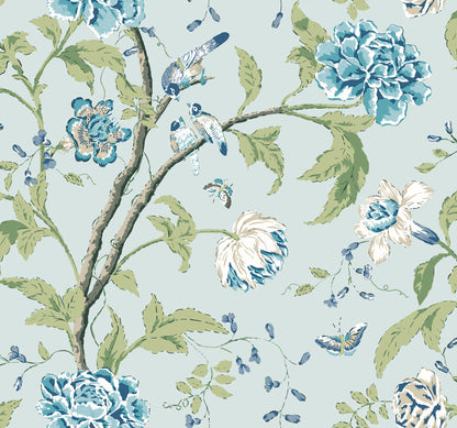 York Wallcoverings Blooms Teahouse Floral Light Blue Wallpaper  Animals Blues  Wallpaper - BL1784