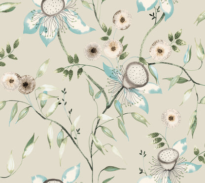 York Wallcoverings Blooms Dream Blossom Taupe and Aqua Wallpaper  Florals and Flowers Beiges  Wallpaper - BL1794