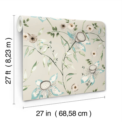York Wallcoverings Blooms Dream Blossom Taupe and Aqua Wallpaper  Florals and Flowers Beiges  Wallpaper - BL1794