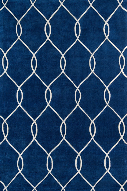 Navy blue rug with a white curved lattice pattern forming diamonds; modern geometric home decor.