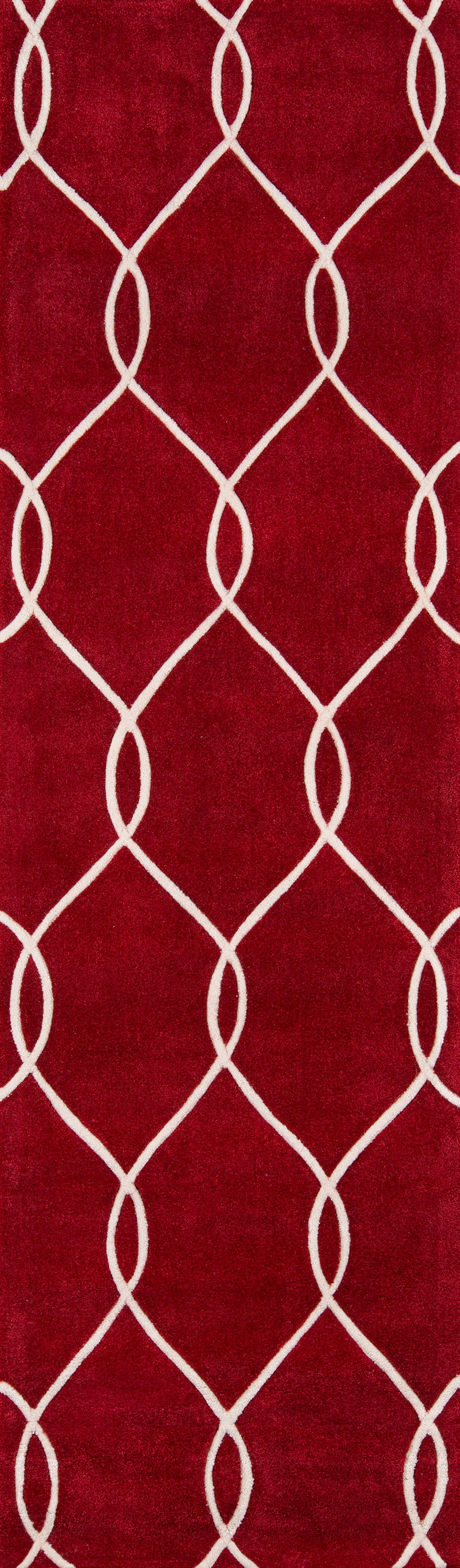 Deep red 2' x 8' runner with white interlocking lattice trellis pattern; plush, modern decorative runner.