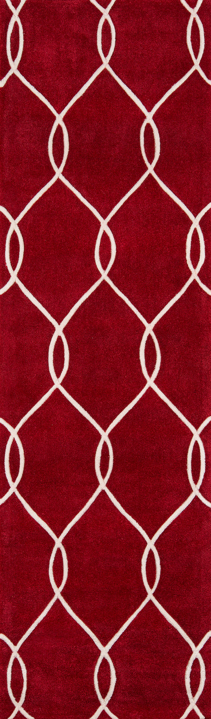 Deep red 2' x 8' runner with white interlocking lattice trellis pattern; plush, modern decorative runner.