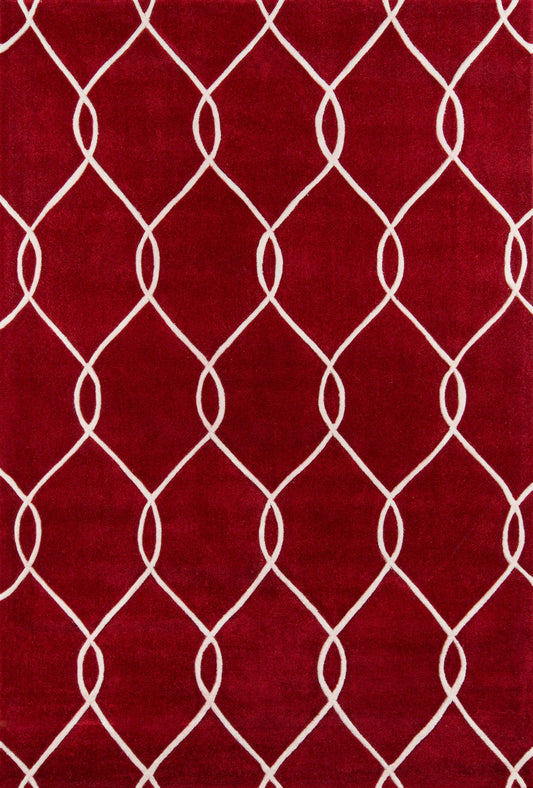 Red plush rug with white curved lattice diamond pattern; modern decorative floor covering.