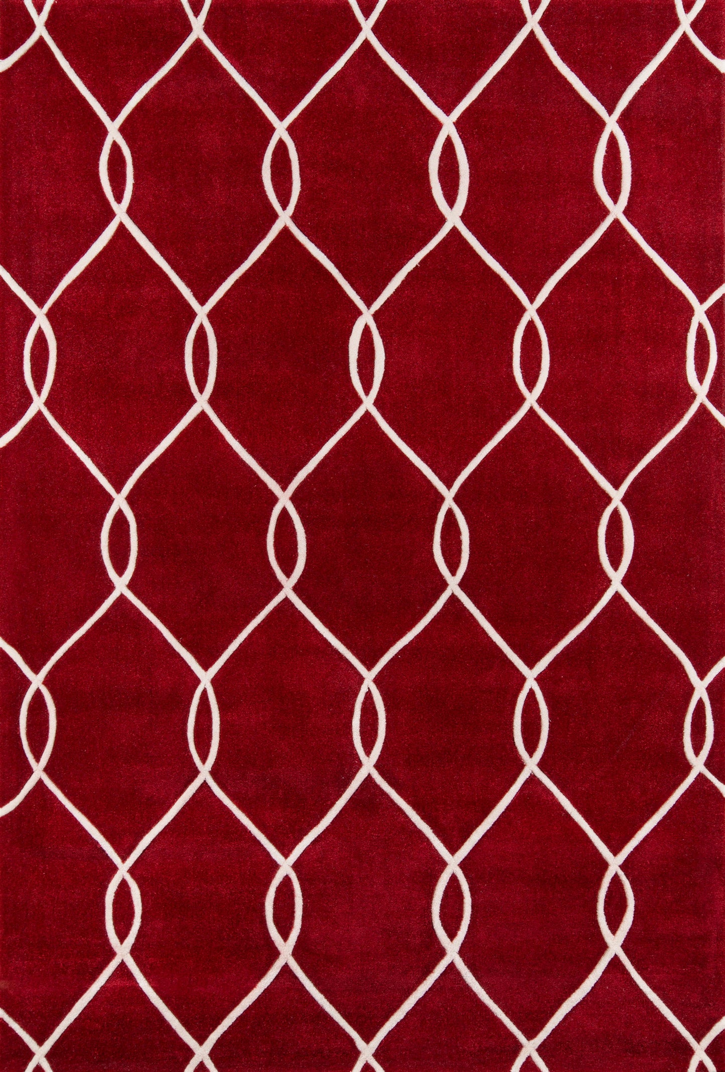 Red runner rug with white curved lattice pattern; plush pile, contemporary style.