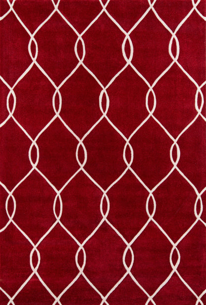 Red runner rug with white curved lattice pattern; plush pile, contemporary style.