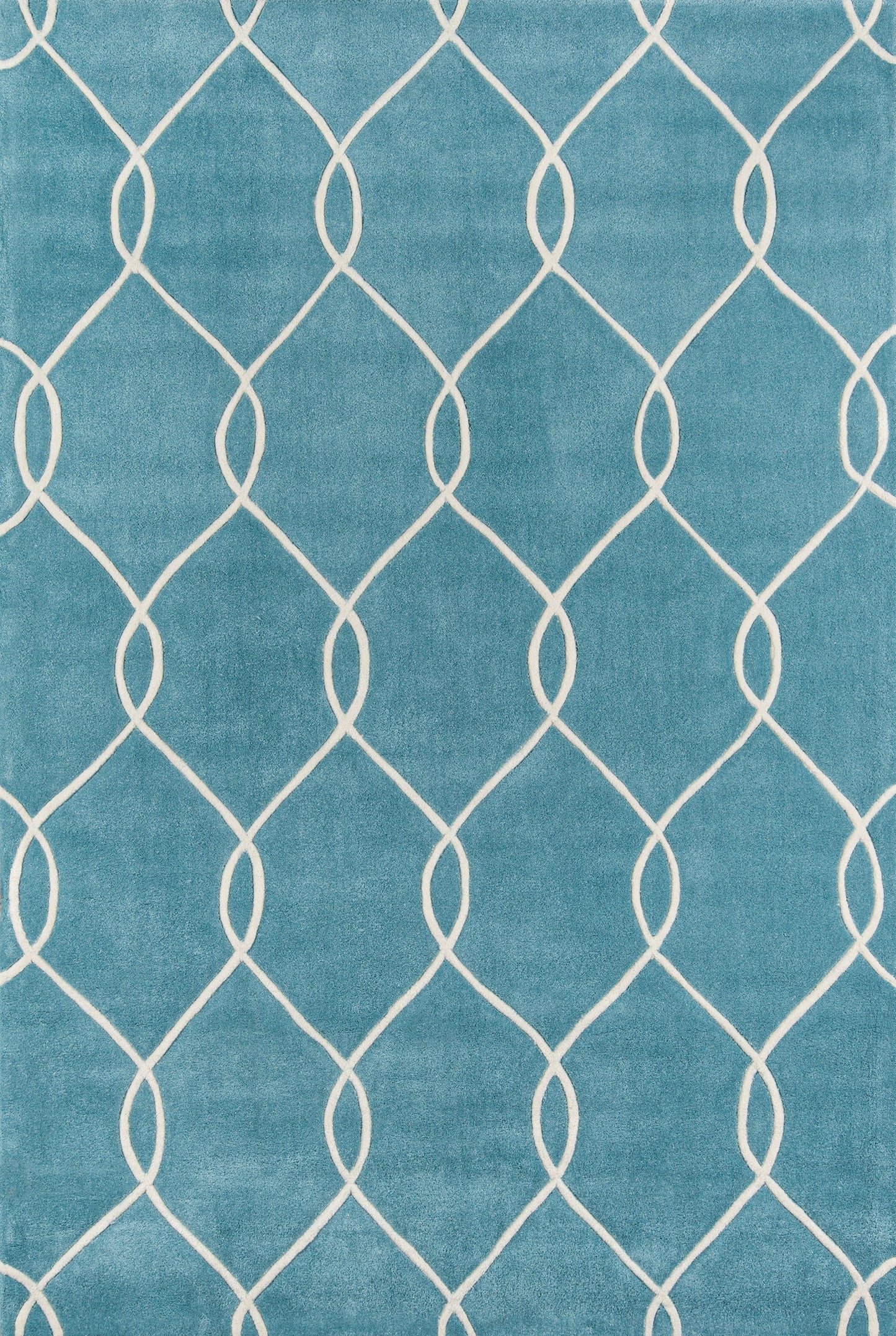 Teal runner rug with white interlocking curved lattice pattern for a modern geometric look.