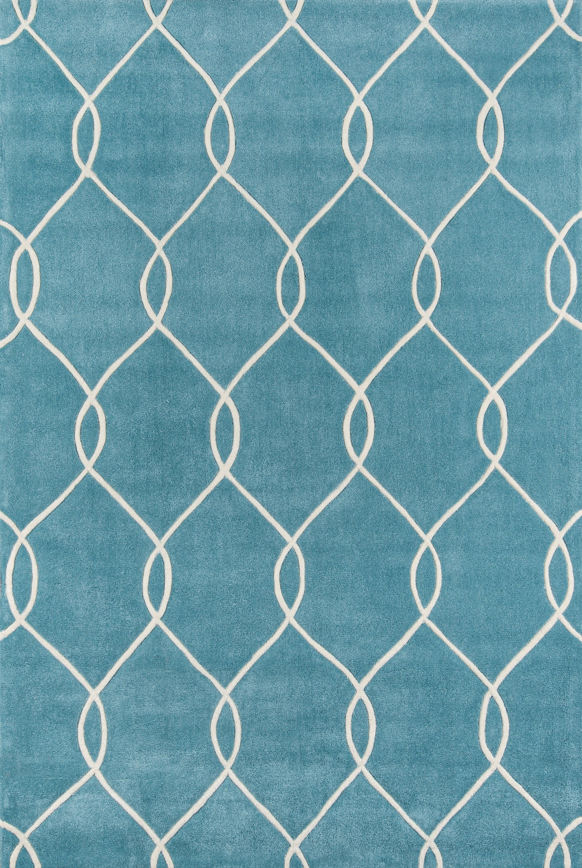 Teal runner rug with white interlocking curved lattice pattern for a modern geometric look.