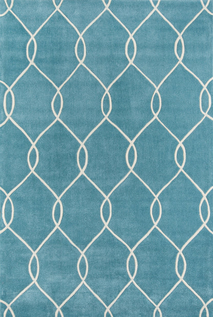 Teal runner rug with white interlocking curved lattice pattern for a modern geometric look.