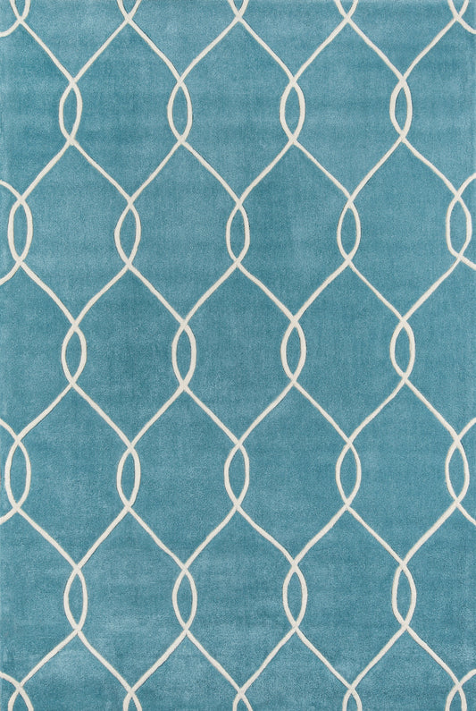 Teal rug with white curved lattice lines creating diamond shapes; modern decorative floor covering.