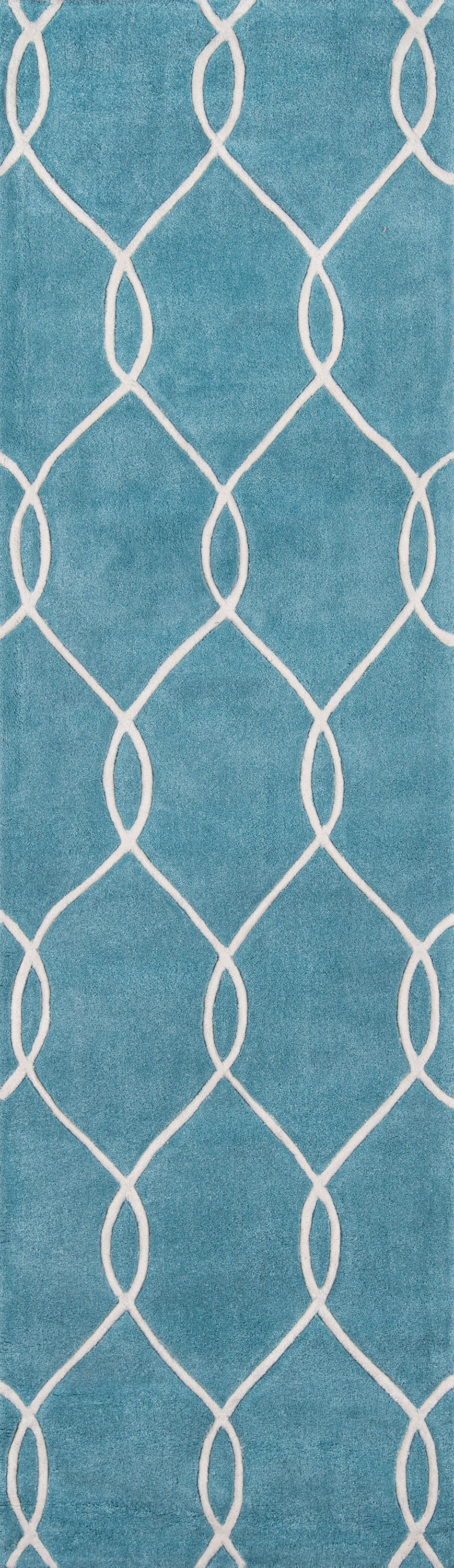 Teal blue runner rug with white trellis lattice pattern; modern geometric floor decor.