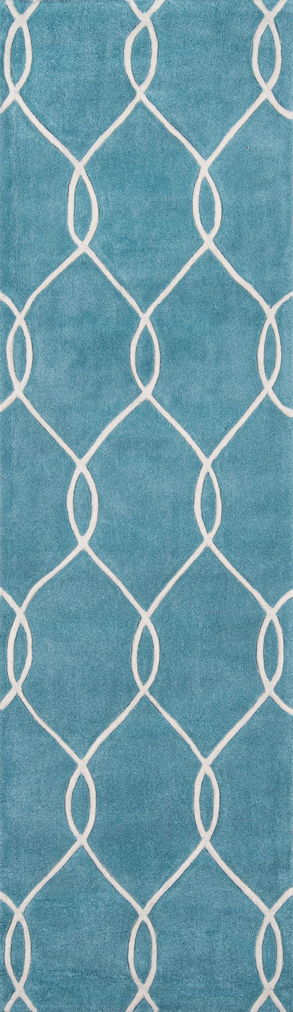 Teal blue runner rug with white trellis lattice pattern; modern geometric floor decor.