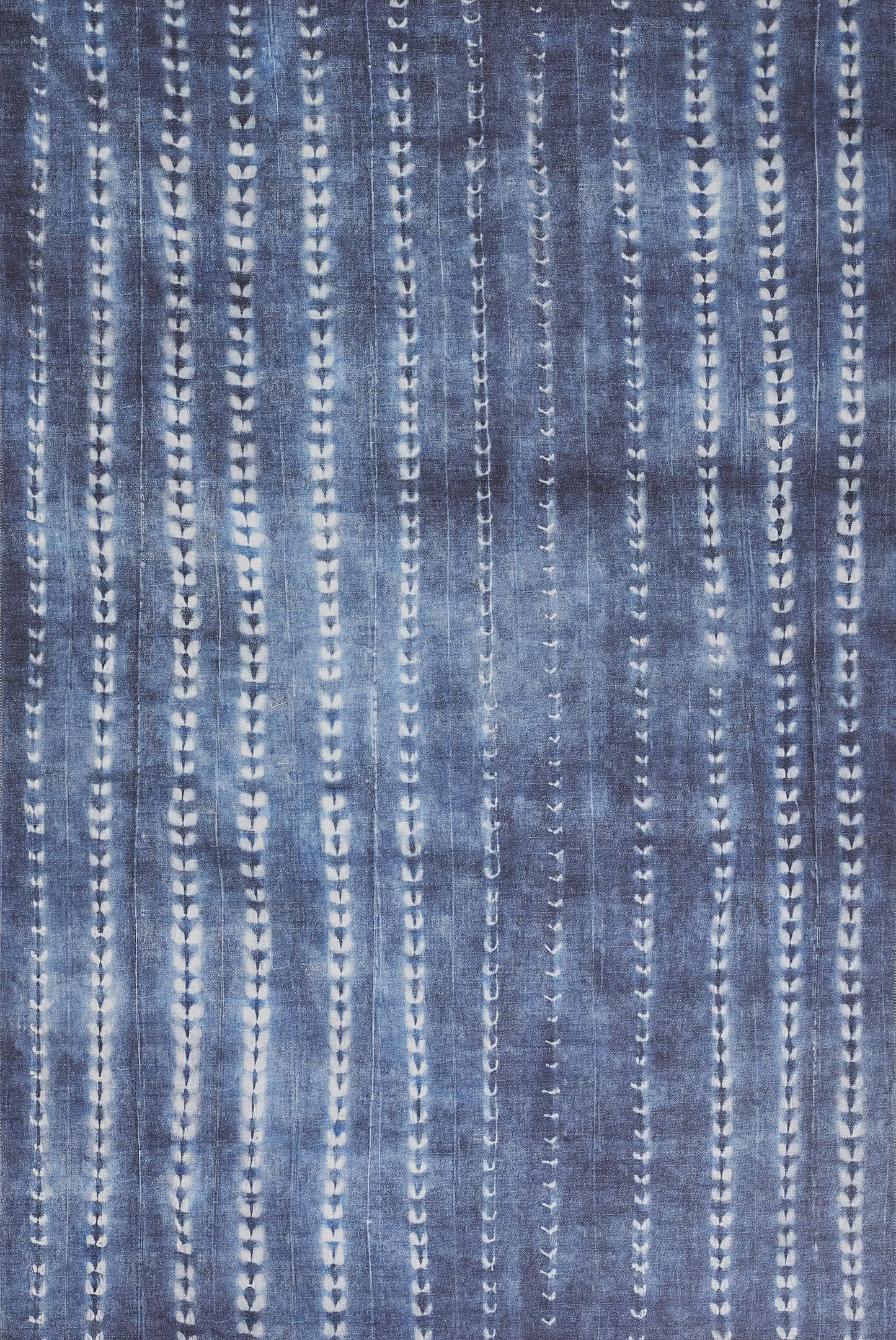 Blue denim-like fabric with vertical white dotted stripes and small leaf-shaped motifs.